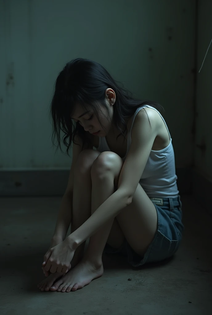 8k,Japanese,8 years old,innocent face,teenage girl,cute,Tank top,everyday wear,sitting,black hair,room,bed,short pants,hair clip,Full Body Shot,