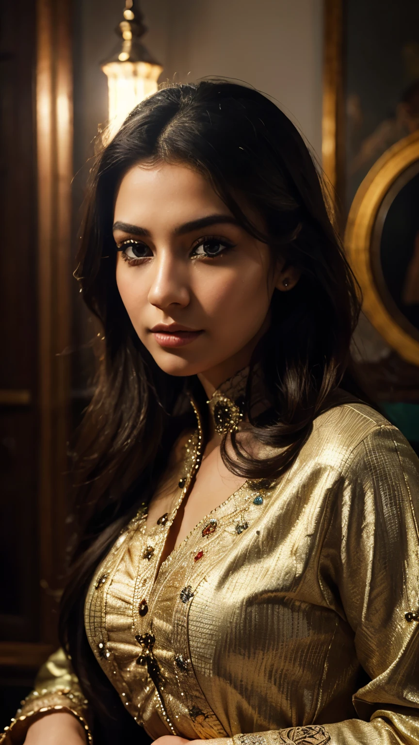 Full body, beautiful detailed eyes, beautiful detailed lips, extremely detailed eyes and face, long eyelashes, 1girl, detailed high-quality portrait, sexy afghan dress, beautiful afghan woman, detailed high-quality digital painting, elegant, charming, dramatic lighting, cinematic color palette, dramatic chiaroscuro lighting, rich and vibrant colors, photorealistic, 8k, best quality, masterpiece