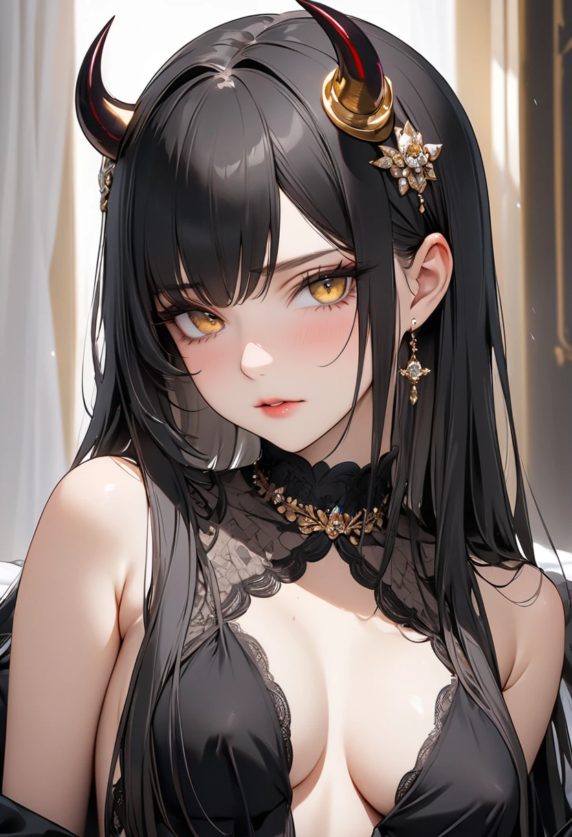 ,((Highest quality))),8k,((masterpiece)),(Very sophisticated and beautiful), ((Russian)), Beautiful face, sexly,nsfw,Devil's horns on the head、Black Hair、Delicate hair、Straight Hair、Golden Eyes、Devil's Wings、White skin、Glowing Skin、Glowing Skin、sit、Leg spread、nsfw,Show your chest、Lewd、Climax、Masturbation、Spreading pussy、Low - Angle、Sweaty、See-through、White Dress、Gold lined clothes, white lips、Dildo、Open up、No underwear、Pee、Peeing、Cowgirl、Blowjob、Grab your chest、Sex、White gloves、Bangs hanging down over the center of both eyes