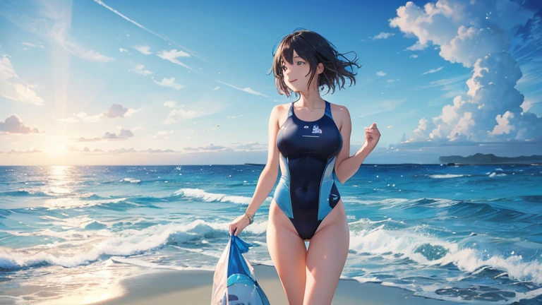 A woman wearing a separate swimsuit、Draw a scene of a person walking towards the sea on a beach with a swim ring。The excited expressions before entering the sea、The sparkling surface of the sea represents the joy of summer.。In the background、The horizon and sky in the distance are depicted.。