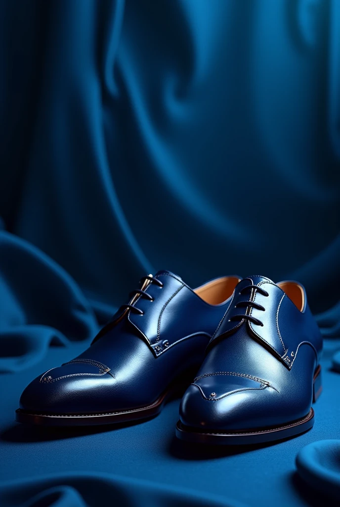 Image of some elegant, shiny navy blue shoes, make them look like millionaire shoes with an incredible background inspired by blue label