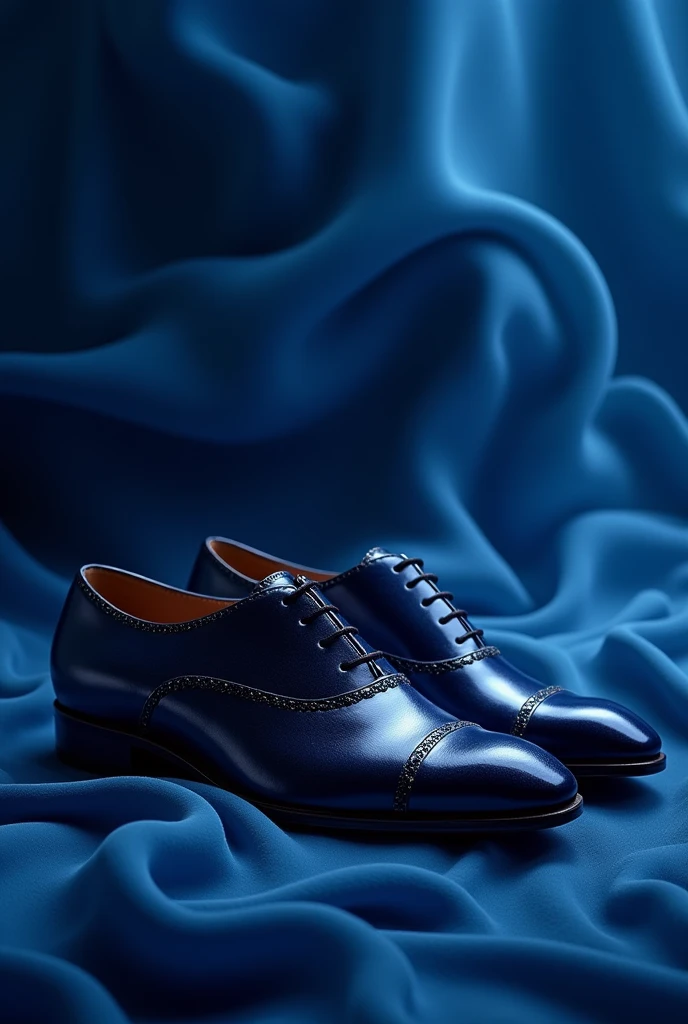 Image of some elegant, shiny navy blue shoes, make them look like millionaire shoes with an incredible background inspired by blue label
