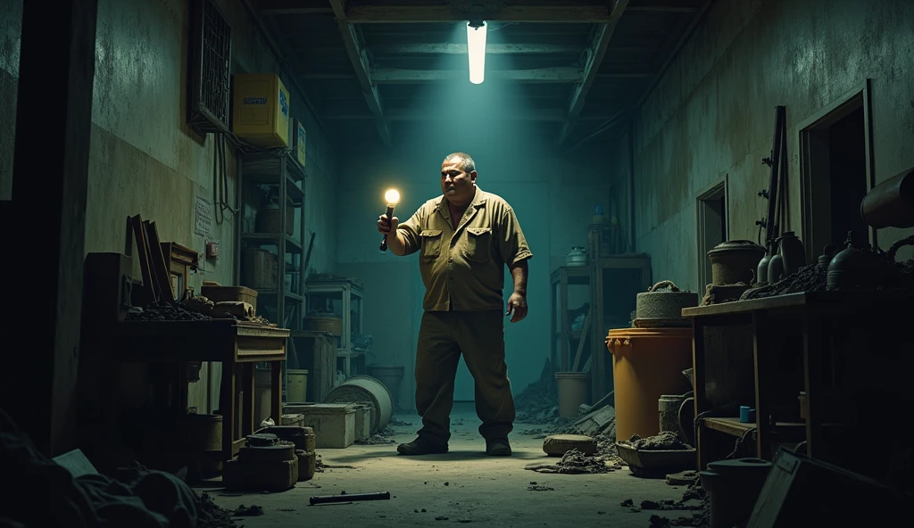 A burly Thai man in his early forties with a weathered face and short-cropped hair. He wears work clothes and has a stern, gruff expression as he stands in the dimly lit basement of a dormitory, holding a flashlight. The surrounding area is cluttered with old tools, and the atmosphere is thick with unease.