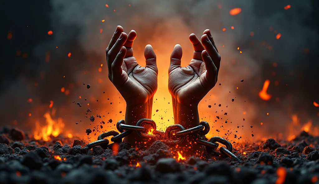 Visual: A pair of hands breaking free from chains, with fiery ashes falling from the broken links.
Background: Dark with sparks and embers floating around.
Text: "RISE FROM THE ASHES" in bold, dynamic font