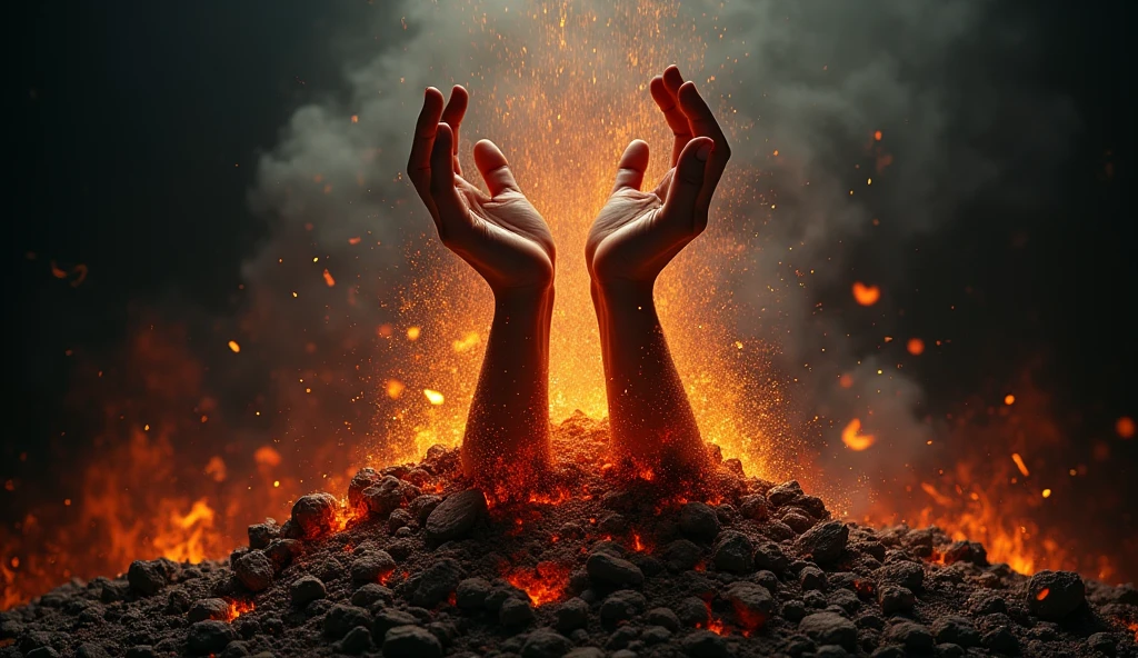 Visual: A pair of hands breaking free from chains, with fiery ashes falling from the broken links.
Background: Dark with sparks and embers floating around.
Text: "RISE FROM THE ASHES" in bold, dynamic font