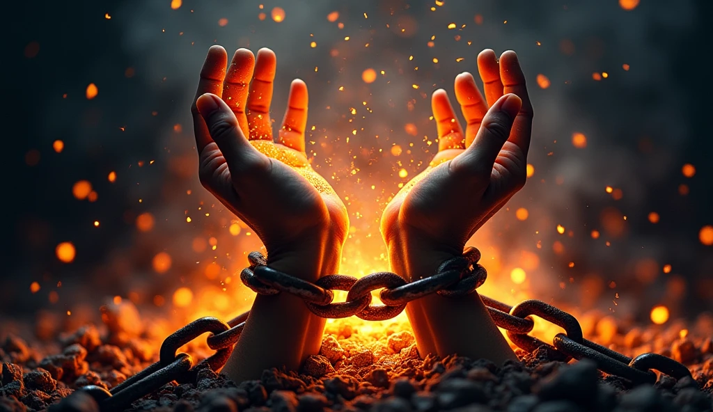 Visual: A pair of hands breaking free from chains, with fiery ashes falling from the broken links.
Background: Dark with sparks and embers floating around.
Text: "RISE FROM THE ASHES" in bold, dynamic font