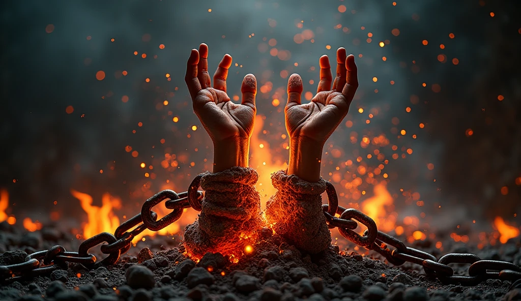 Visual: A pair of hands breaking free from chains, with fiery ashes falling from the broken links.
Background: Dark with sparks and embers floating around.
Text: "RISE FROM THE ASHES" in bold, dynamic font