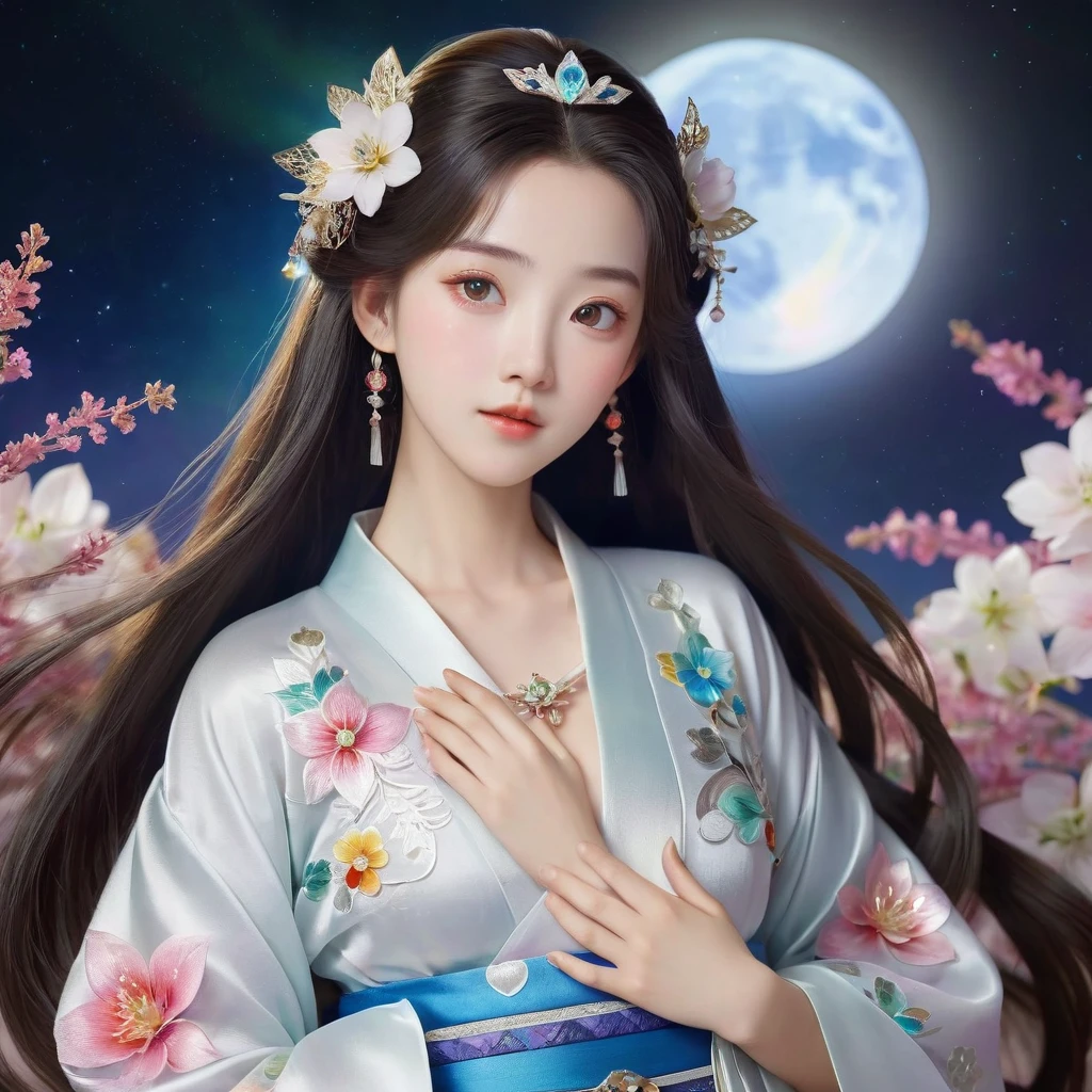 9：16。　The generated person is arranged vertically from head to chest.。Nordic women。cute。cute。Beauty。8 heads。A mix of realism and animation。Fair skin。Long hair。Her hair is shiny and silver.。Beautiful jewels and flower hair ornaments。The costumes are princess-like kimonos and dresses.。She holds a beautiful, shining heart-shaped crystal in front of her chest.。The background is the moon, the seven-colored aurora, and space。Surrounded by flowers of a color similar to the color of her eyes。