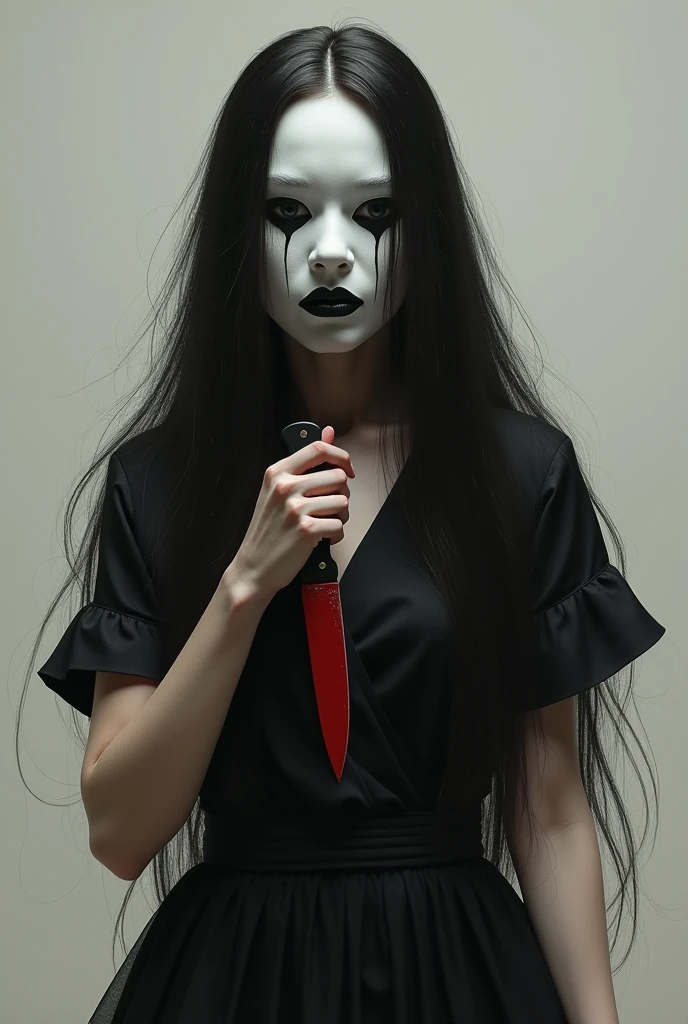 Make a woman with a white mask over her face, hair covering the top of the mask, black mouth on the mask with neutral emotion, long hair wearing a black dress holding a bloody knife