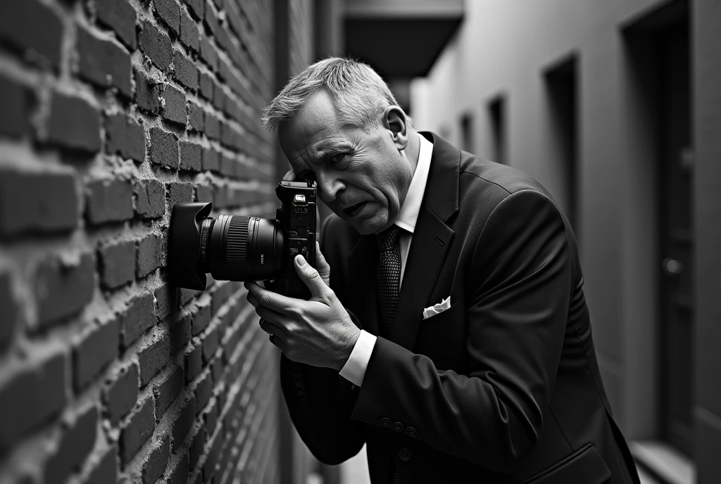A photographer with a big camera bangs his head against a brick wall, dressed in a suit