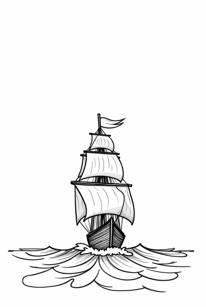 Please, Create a black and white drawing of a ship sailing in the ocean, with big sails and simple waves around. The ship should be easy to color, with a flag at the top of the mast, and leave room for kids to add fish or islands to the bottom
