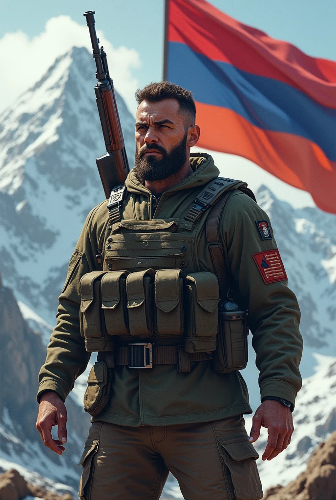 Armenian flag on the mountain, stern face, strong, intelligent, Armenian soldier standing proudly in the mountains of Goris, in military uniform, helmet, body armor, weapon slung over his shoulder
