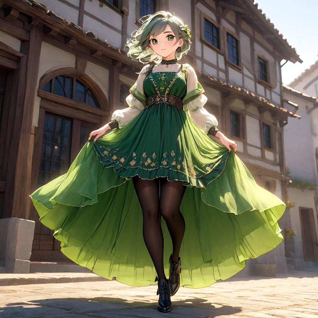 (Highly detailed CG Octane render 8k wallpaper),  Girls Underwear, You can see real bloomers made from cotton fabric.., Medieval green translucent long dress with panniers, Fabric Realism, Low - Angle,  Pull up the dress by hand, Strong winds, Translucent slip, Translucent slip, tights, Highest quality, whole body, I can see your thighs, Silver and gold embroidery