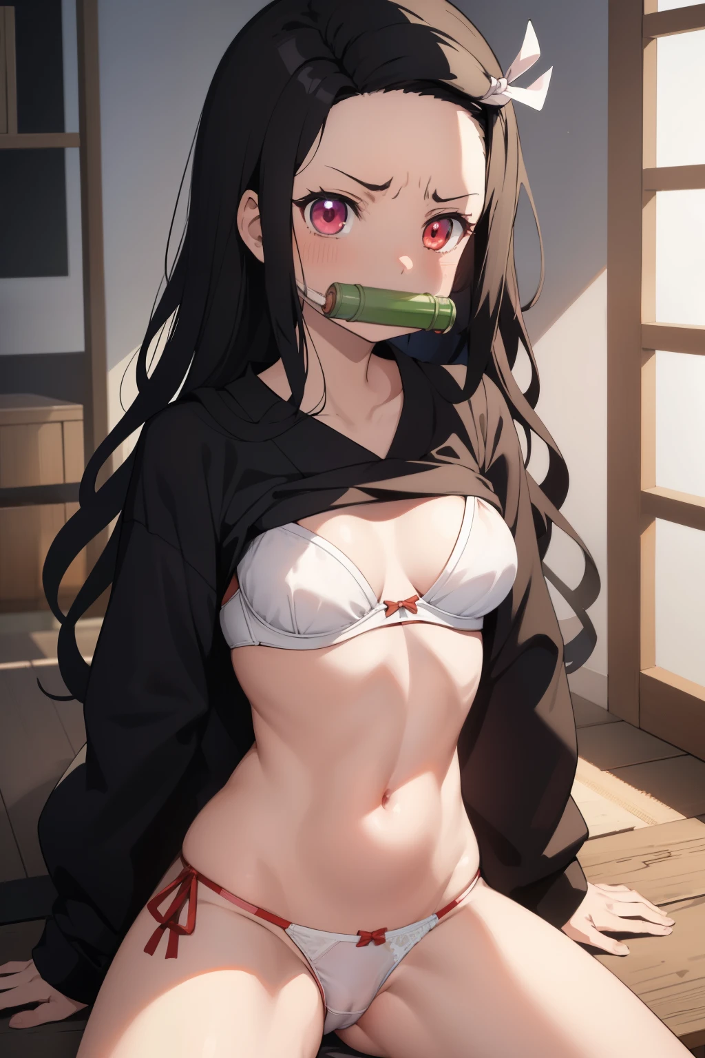 (masterpiece, Highest quality:1.2), (nezuko kamado), One girl, Angry face, The finer details, Glowing Eyes, Black Hair, gag, panties, bamboo, cowboy shot, Wide Hips, (whit bra panties), spread legs, sitthing, Good lighting, indoor
