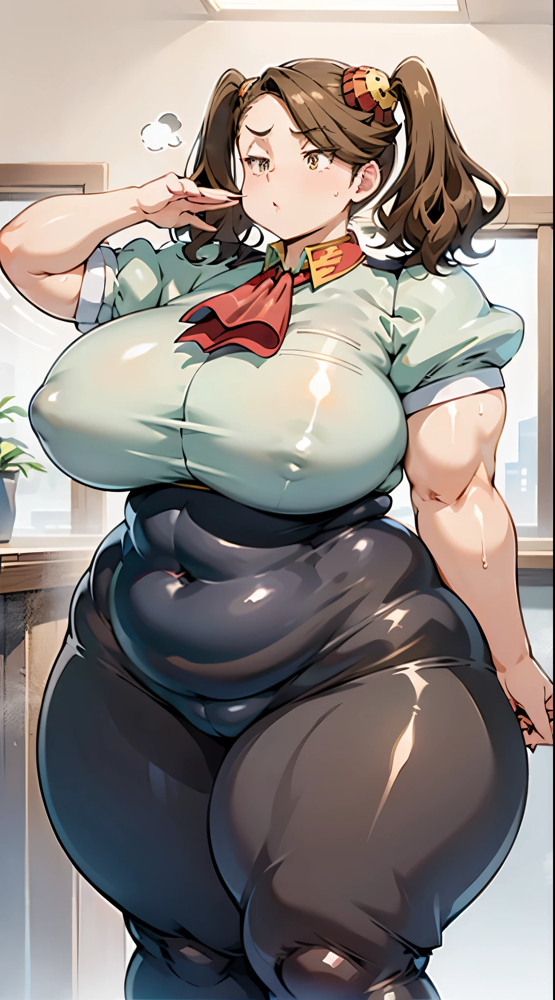 Woman wearing black stretch tights(()),Brown Hair,Light brown eyes,Twin tails,Strong-boned body,Medium Hair,Smooth and thick thighs,Sweat,vapor,Wide torso,vapor,Sweatをかいた肌,Wide Hips,Plump figure,Puffy nipples,Warping the body,inverted nipples,Smooth Skin,Wide body type,I saluted.