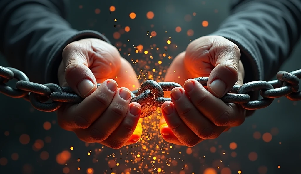 Visual: A pair of hands breaking free from chains, with fiery ashes falling from the broken links. Background: Dark with sparks and embers floating around. Text: "RISE FROM THE ASHES" in bold, dynamic font