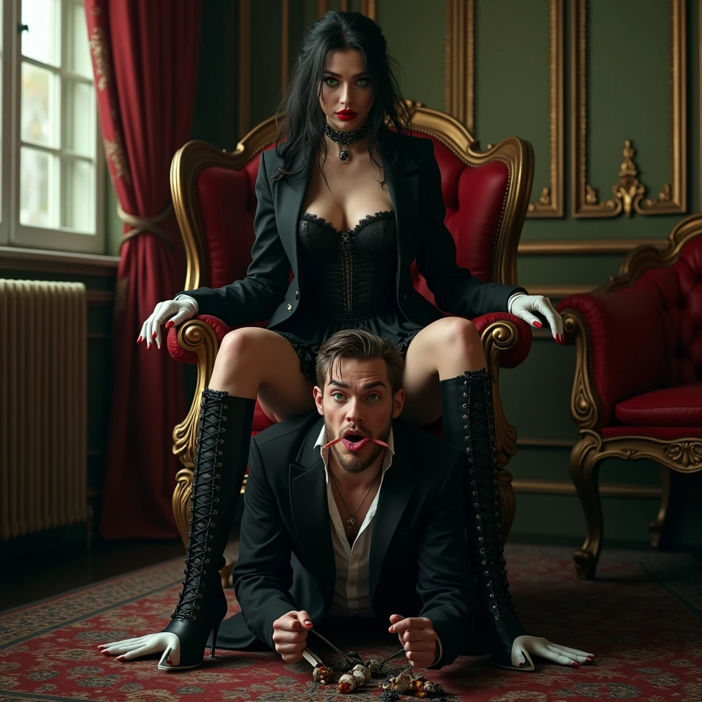A gothic woman, green eyes, red lips, dressed in a gothic corset dress with a short skirt, jacket, white gloves, black thigh high socks, black combat boots, is sitting in a luxurious armchair. , and spits saliva on the ground.
She is stepping on a man's head, face, with her boots, pushing his head down, the man is kneeling on the ground bowing his head down, eating garbage off the floor, hyperrealism, realistic, 4k, photo