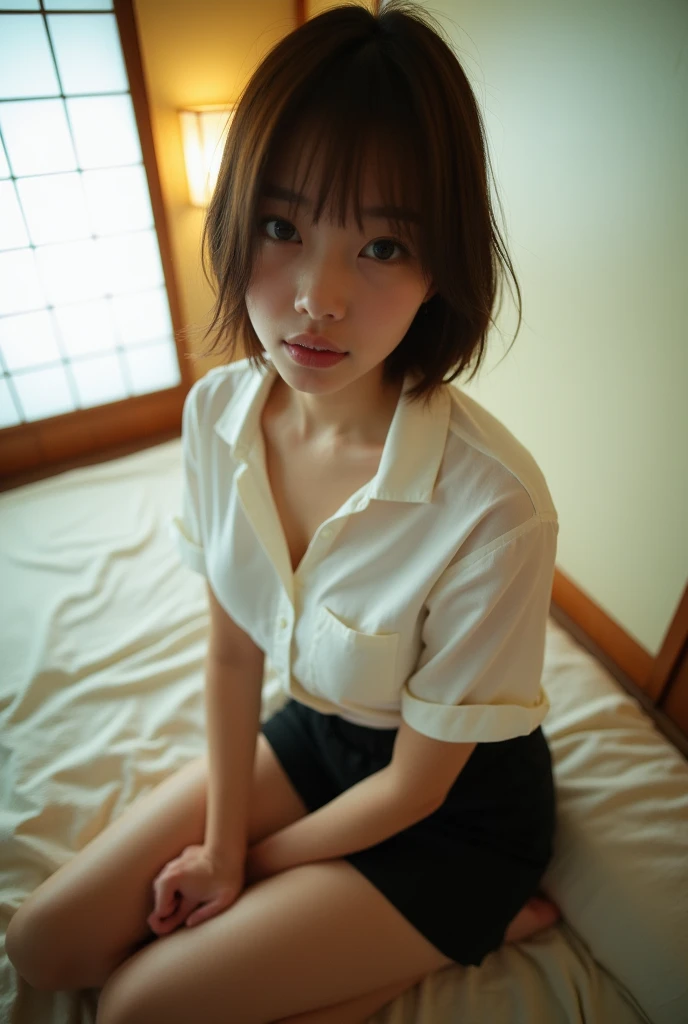 ((Japanese Idols)) ((Plump and Shiny Lips)) Big Breasts ((Short brown hair with bangs)) ((Looking into the camera)) Sit with your legs apart ((White button shirt and black enamel tight skirt)) ((white panty)) Low-angle shot of a person standing facing forward look down ((A bedroom with shoji and tatami mats lit up in white neon lights))