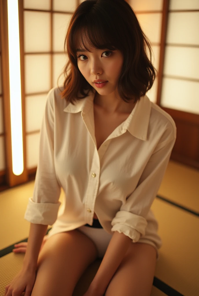 ((Japanese Idols)) ((Plump and Shiny Lips)) Big Breasts ((Short brown hair with bangs)) ((Looking into the camera)) Sit with your legs apart ((White button shirt and black enamel tight skirt)) ((white panty)) Low-angle shot of a person standing facing forward look down ((A bedroom with shoji and tatami mats lit up in white neon lights))