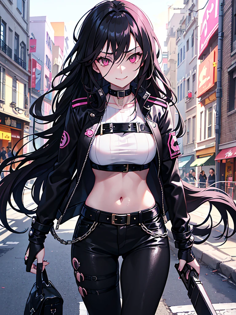 pink eyes, black hair. sadistic women, long wavy hair. strong woman. dominant woman. mafia. mature woman. girl boss. background in town. she a spy. sadistic smile. punk girl. wear motor jacket. gangster