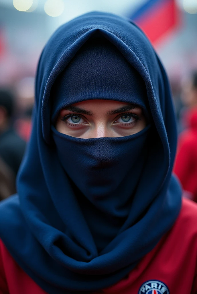 Femme voilée jusqu'au yeux supportrice du PSG