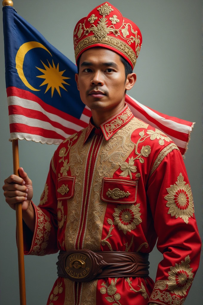 create a Malay man wearing a red and white songkok and there is a blue circle inside which there is a 14-pointed yellow star.The man in question is wearing a malay shirt with the malaysian flag theme and there is an inscription hello delivery on the upper right chest pocket.The man was holding the malaysian flag in his hand