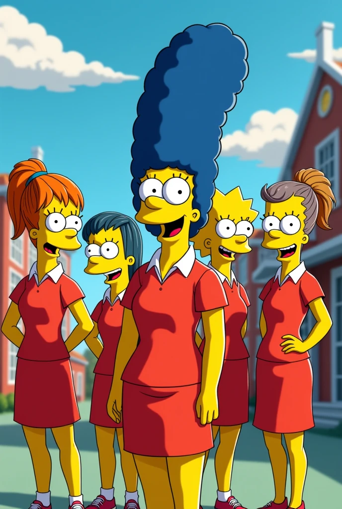 group of teachers with a positive attitude, with a simpson theme, wearing red sports clothes
