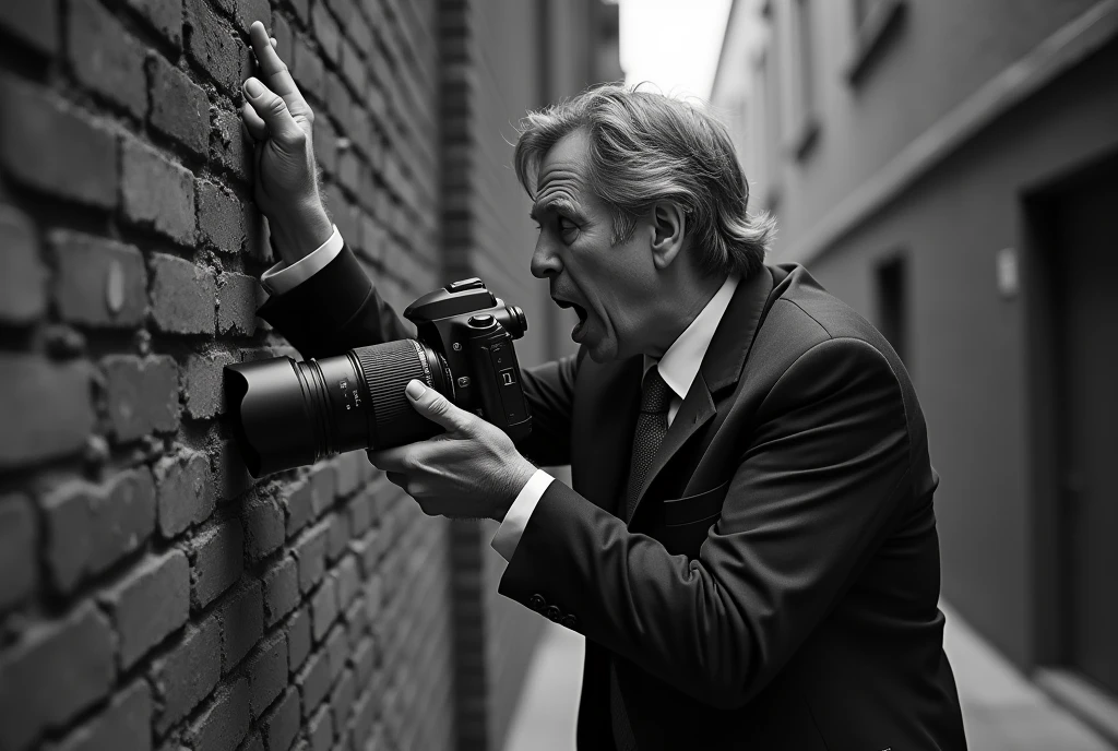 A photographer with a big camera bangs his head against a brick wall, dressed in a suit