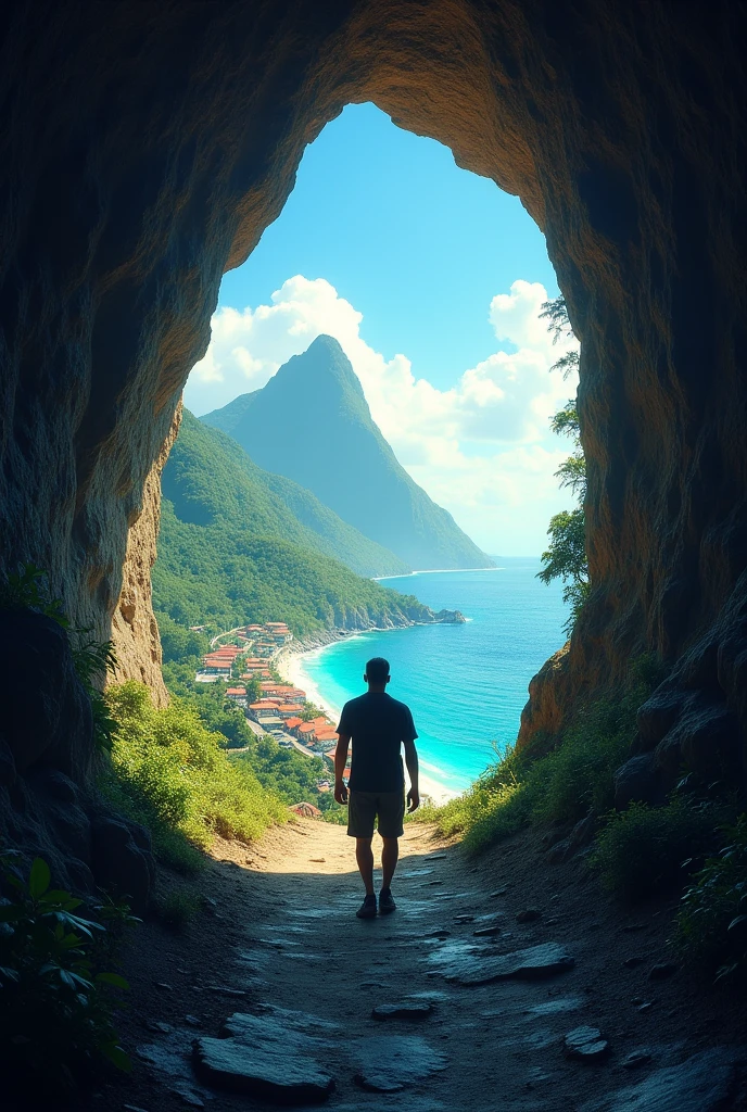 Draw a picture showing a man walking alone from the entrance of a large tunnel towards the inside of the tunnel with facial details. The end of the tunnel shows a view of the ancient village of Ternate, North Maluku, Indonesia with the ocean and Mount Ternate. Emphasize the contrast between the dark, rough ground of the tunnel and the bright landscape.