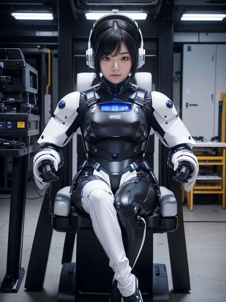 Japanese female android,Black Hair,He is completely strapped into a large chair by a harness.,Plump,Slightly thicker,Squat,White robot suit,There is a control panel on the chest.,Robotic arms and legs,A room filled with machines,