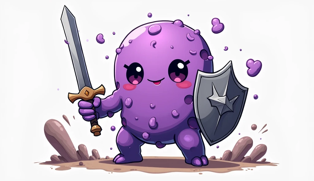 ((Highest quality)), ((masterpiece)), (detailed),A gel-like, disintegrating creature、Purple、No limbs、Holding a metal hero's shield in one hand and a metal hero's sword in the other、Her face is cute、One person、Gender: Male、Anime Style、Hand-drawn drawing、Facing forward、
