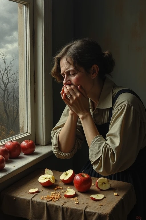 Classical painting of a depressed woman crying and peeling apples, looking out window, gloomy, painful, dramatic, her husbands ghost is holding her