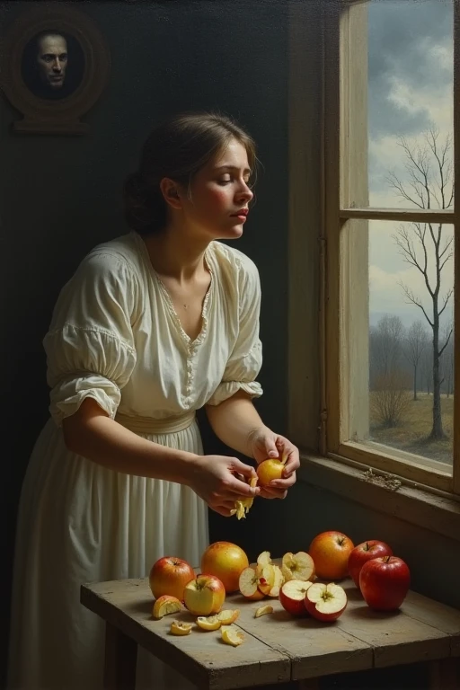 Classical painting of a depressed woman crying and peeling apples, looking out window, gloomy, painful, dramatic, her husbands ghost is holding her