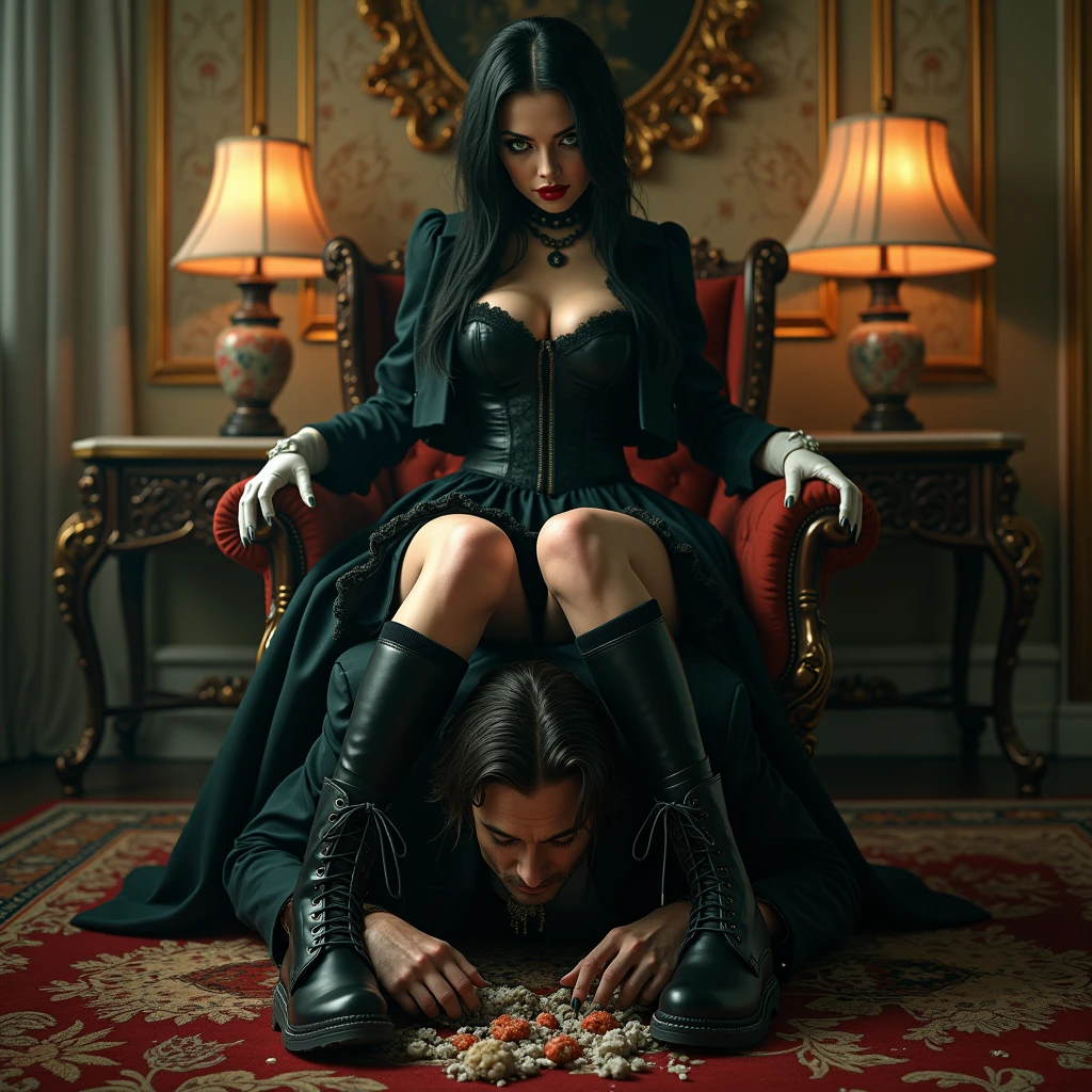 A gothic woman, green eyes, red lips, dressed in a gothic corset dress with a short skirt, jacket, white gloves, black thigh high socks, black combat boots, is sitting in a luxurious armchair. , and spits saliva on the ground.
She is stepping on a man's head, face, with her boots, pushing his head down, the man is kneeling on the ground bowing his head down, eating garbage off the floor, hyperrealism, realistic, 4k, photo