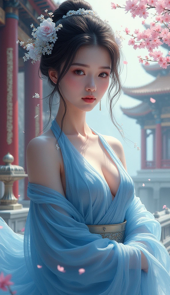 arafed woman in a blue kimono with flowers in her hair, palace , a girl in hanfu, beautiful character painting, artwork in the style of guweiz, wearing ancient chinese clothes, beautiful digital artwork, beautiful alluring anime woman, wearing blue robe, hanfu, flowing magical robe, wearing a blue robe, artgerm. anime illustration