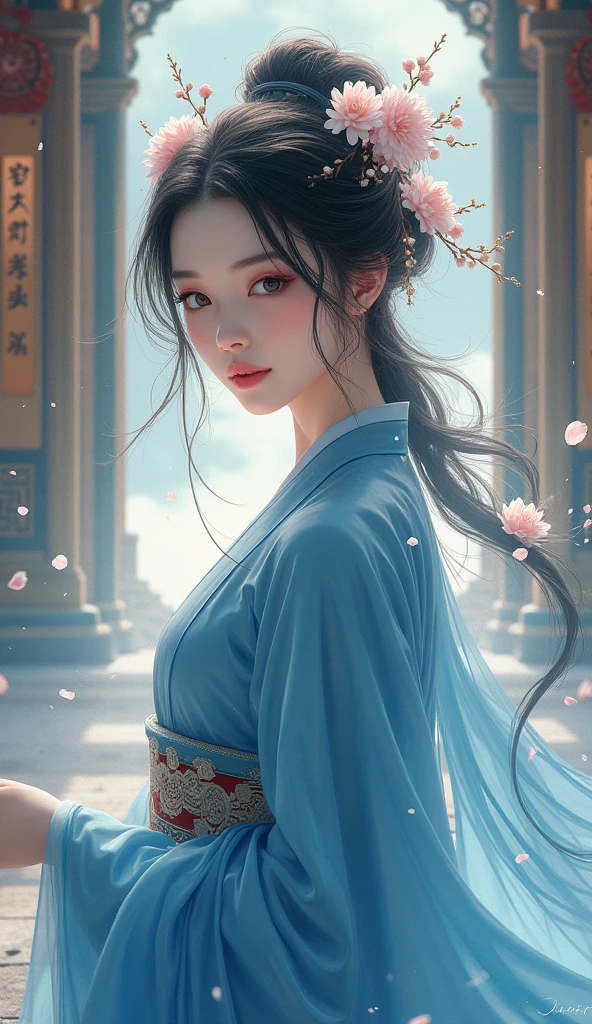 arafed woman in a blue kimono with flowers in her hair, palace , a girl in hanfu, beautiful character painting, artwork in the style of guweiz, wearing ancient chinese clothes, beautiful digital artwork, beautiful alluring anime woman, wearing blue robe, hanfu, flowing magical robe, wearing a blue robe, artgerm. anime illustration