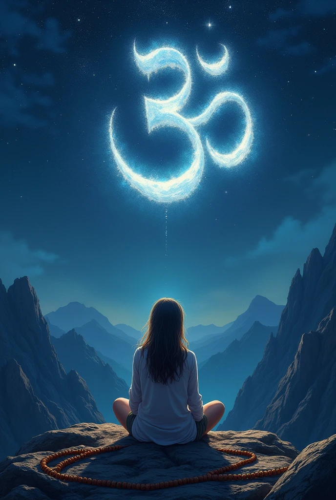 A girl is sit in mountains and see a sky creat a 🕉️ with rudraksha mala in sky in full of dark night
