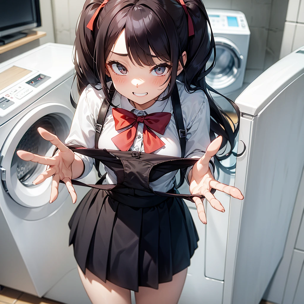 One girl,
Laundry room,washing machine, Laundry basket, a few underwears are in a Laundry basket,
hair,Color Hair Color, Small breasts、break,blush, bow, 赤いbow, Long sleeve, shirt, 襟付きのshirt, skirt, プリーツskirt, 黒いskirt, Small breasts,
{{{Face close-up}}},Upper Body,,Pay attention to the panties,Quality underwear,
Looking down,View your viewers,
Panties as a gift,
Tabletop, Highest quality, , Absurd, Perfect Skin, Detailed skin texture, Ultra-detailed, 8k, Intricate details, Beautifully detailed face,High resolution,
 {{{Shadowed face}}}, to ridicule, {{{Grit your teeth:1.2}}}, Grin, smile, 視聴者をLooking down, masterpiece,Absurd, Beautiful detailed face when viewed from the front,