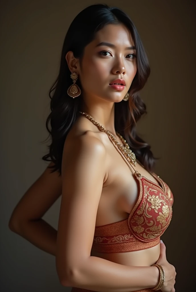 A Thai woman in her twenties wearing a sexy chut thai, simple traditional jewelry, huge breasts, visible cleavage, detailed face. seductive pose, back to viewer. Her mouth is open