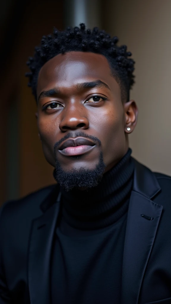 a black man, curly hair, detailed facial features, beautiful curly hair, striking facial expression, powerful gaze, strong masculine features, cinematic lighting, dramatic shadows, high contrast, moody atmosphere, hyper realistic, detailed skin texture, 8k, best quality, photorealistic, masterpiece