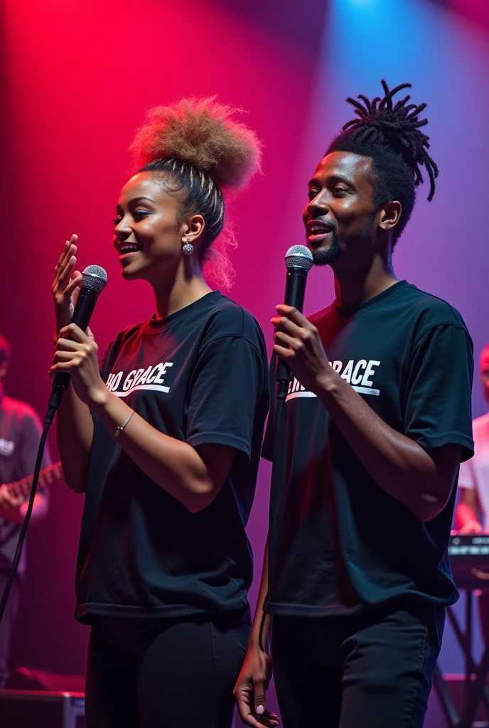 (GOOD QUALITY, : 1.8), black male singer and black female singer, brown, singing pop techno, worshiping god: 1, lights: 1.5, hair stuck, hair blonde: 1.3, (holding microphone: 1.2), Shirt with Echo Grace written on it, comely, red and blue, Face ultra detailed, band playing keyboard and drums in the back detailed, praising God, feeling the presence of God. each with 01 microphone