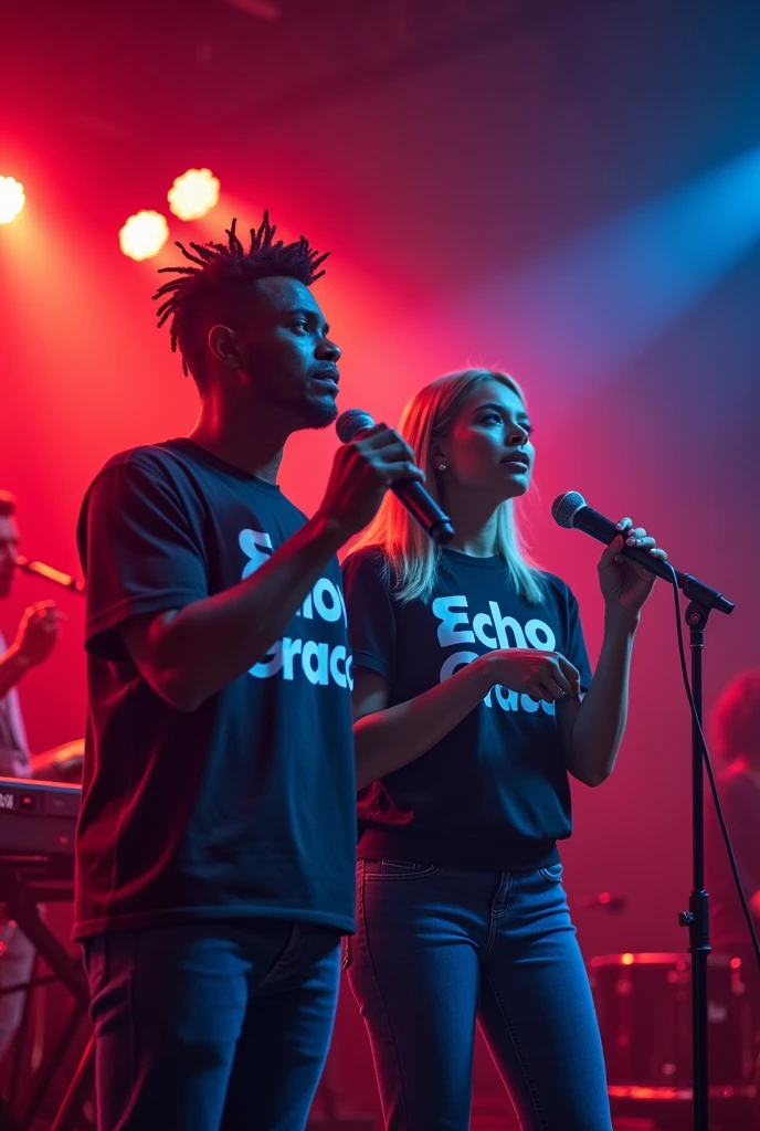 (GOOD QUALITY, : 1.8), black male singer and black female singer, brown, singing pop techno, worshiping god: 1, lights: 1.5, hair stuck, hair blonde: 1.3, (holding microphone: 1.2), Shirt with Echo Grace written on it, comely, red and blue, Face ultra detailed, band playing keyboard and drums in the back detailed, praising God, feeling the presence of God.  each with 01 microphone
