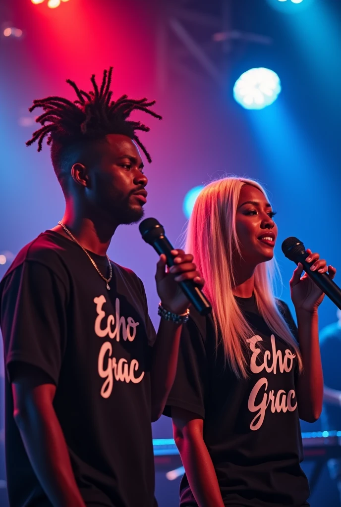 (GOOD QUALITY, : 1.8), black male singer and black female singer, brown, singing pop techno, worshiping god: 1, lights: 1.5, hair stuck, hair blonde: 1.3, (holding microphone: 1.2), Shirt with Echo Grace written on it, comely, red and blue, Face ultra detailed, band playing keyboard and drums in the back detailed, praising God, feeling the presence of God. each with 01 microphone