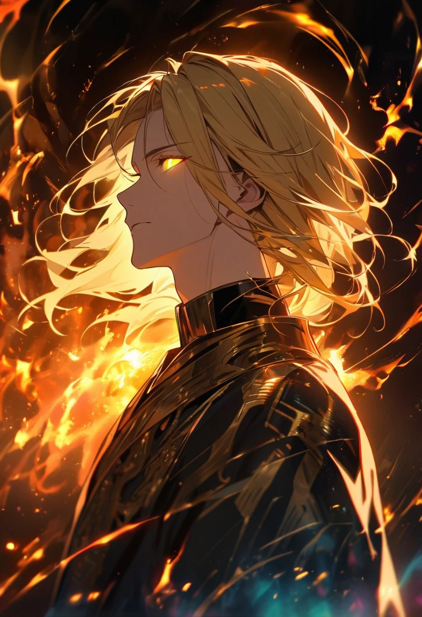 male, solo, handsome, blond hair, god, god eyes, glowing eyes, light, aura, holo, golden, side view, face close