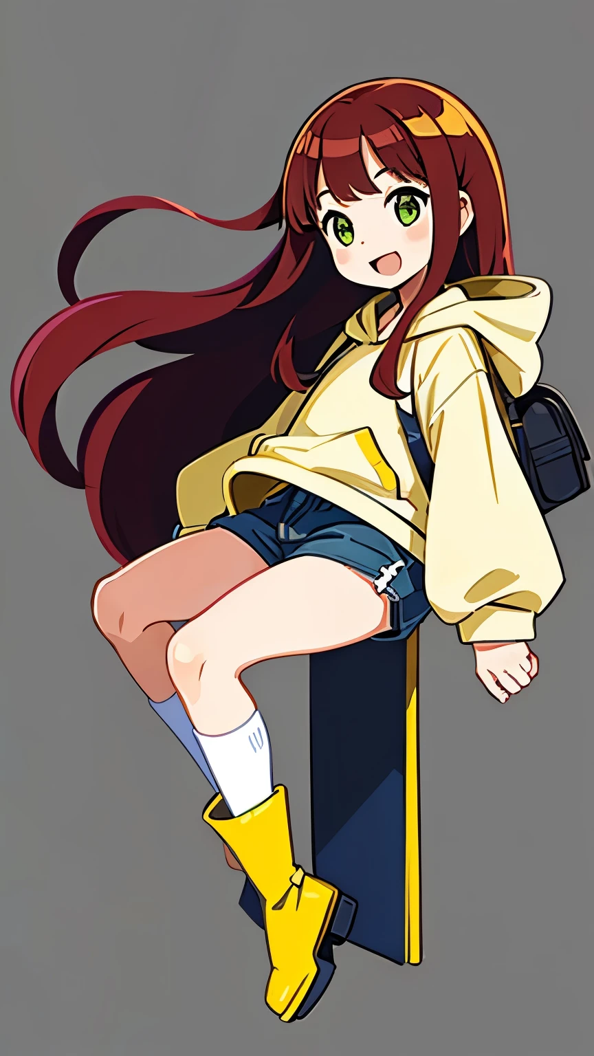 Child, young, baby face, chubby cheeks, smiling, slanted eyes, slightly open mouth, flushed cheeks, smooth bangs, smooth long hair, straight hair, small stray hairs, long sideburns, light red hair, yellow-green eyes, white pupils, slightly pale skin, baggy hoodie, yellow hoodie, green shorts, brown leather boots, navy blue knee-high socks, shoulder bag