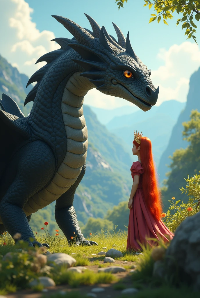 I want a landscape with a dragon and a princess and it should be realistic, not too animated., They are both friends and the princess is a redhead. They should be further away so that the dragon looks more adult. The dragon should be bigger and black, which is scary, and the princess should have a crown, too, but so that the landscape can be seen more.