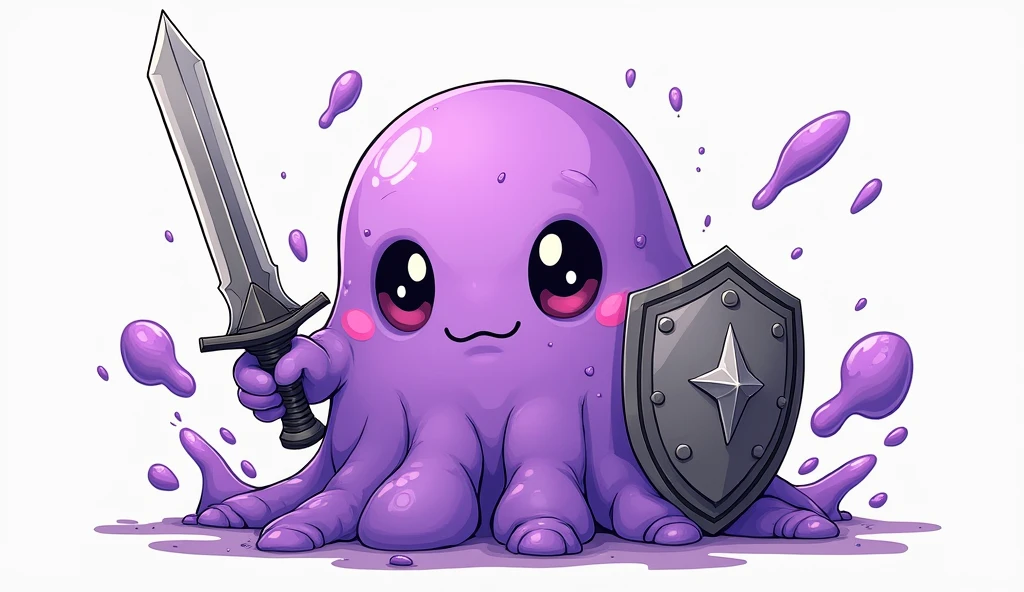 ((Highest quality)), ((masterpiece)), (detailed),A gel-like, disintegrating creature、Purple、No limbs、Holding a metal hero&#39;s shield in one hand and a metal hero&#39;s sword in the other、Her face is cute、One person、Gender: Male、Anime Style、Hand-drawn drawing、Facing forward、