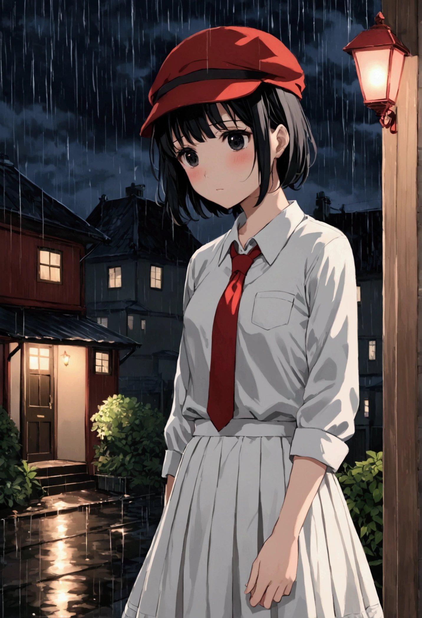 anime girl, short black hair without bangs, black eyes, wearing a white shirt, red tie, white knee-length skirt, wool hat red, blush, a bit sad, it was raining at night, looking at the houses with low lights on