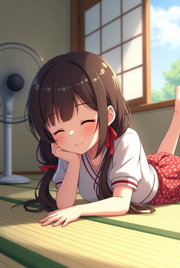 1girl, 16yo,

lying, on stomach,

(hands on tatami:1.2),

smile, (closed eye), barefoot,

tatami, house,
(electric fan:1.2), (wind:1.2),
indoor,
day, summer,

BRAKE (low twintails), low pigtails, red ribbon in hair,  very long hair,
dark brown eye,

from side,

high brightness,
(high quality, ultra detailed, masterpiece, super detail, highres, anatomically correct, UHD)