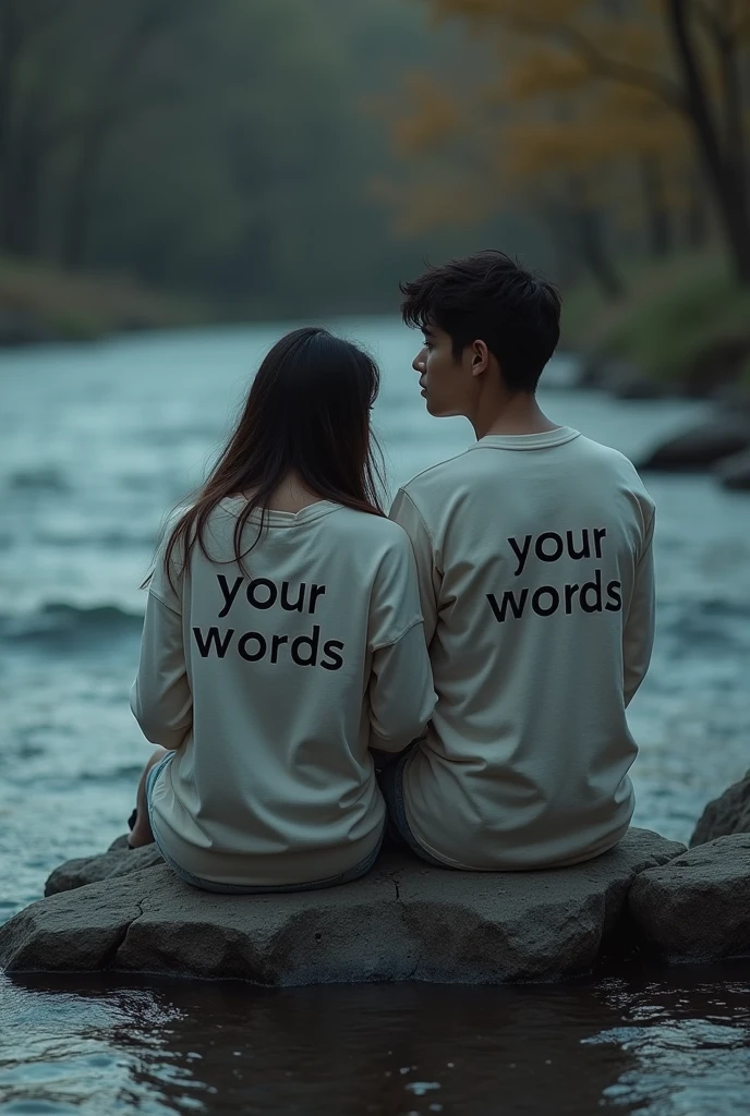 A couple wearing clothes that say "your words", sitting on a rock near the river in the twilight atmosphere, look at the camera